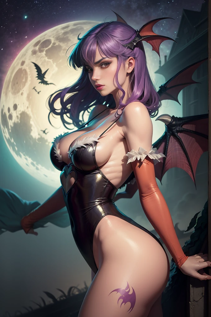 sensual Morrigan Aensland, darkstalkers paisaje nocturno