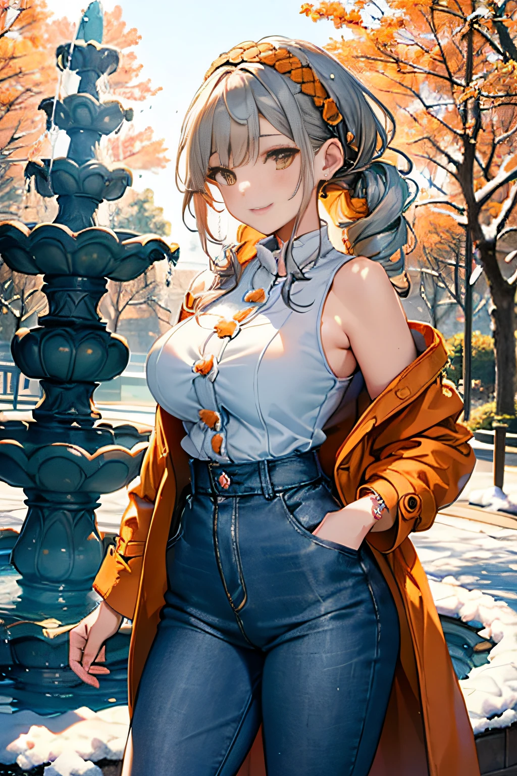 (3D Animation:1.3),(Realistic raw photos),(((In front of the fountain in the snowy park:1.3))),cute and beautiful adult woman,Cute round face,Cute smile,(((orange short duffel coat:1.3))),(white off-shoulder sweater),Jeans pants,Knitted hats,muffler,gloves,long boots,(silver white hair,Floral braided headband,half up、Floral Braided Space Van,Voluminous Fishtail Braids,Twisted chignon,),(Bangs are see-through bangs),(((Emphasize large breasts:1.3))),breast slip,detailed clothes features,Detailed hair features,detailed facial features,(Dynamic angles),(Dynamic and sexy poses),profetional lighting,Cinematic Light,(masutepiece,top-quality,Ultra-high resolution output image,) ,(The 8k quality,),(Sea Art 2 Mode:1.3),(Image Mode Ultra HD,)