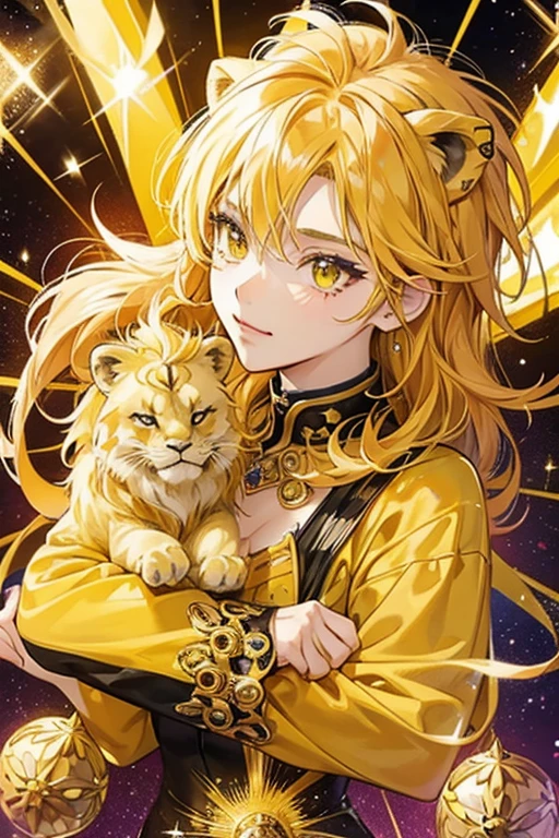 anime style; 3d; glitter; horoscope sign Leo diva; color yellow; Lion details; ♌ symbol; citrine stone;