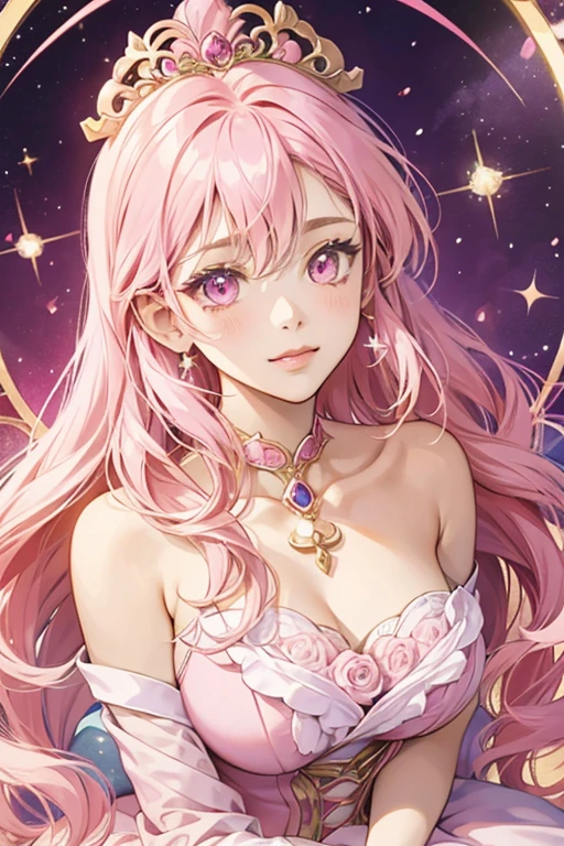 anime style; 3d; glitter; horoscope sign Virgo diva; color pink; Virgin details; ♍ symbol; rose quartz stone;