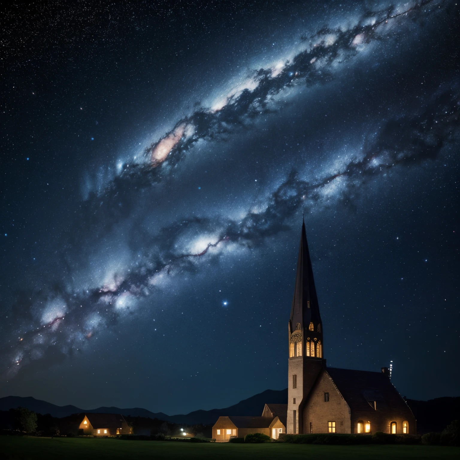 Starry night, spiral 🌀 galaxies, galaxy, moon, stars, villages