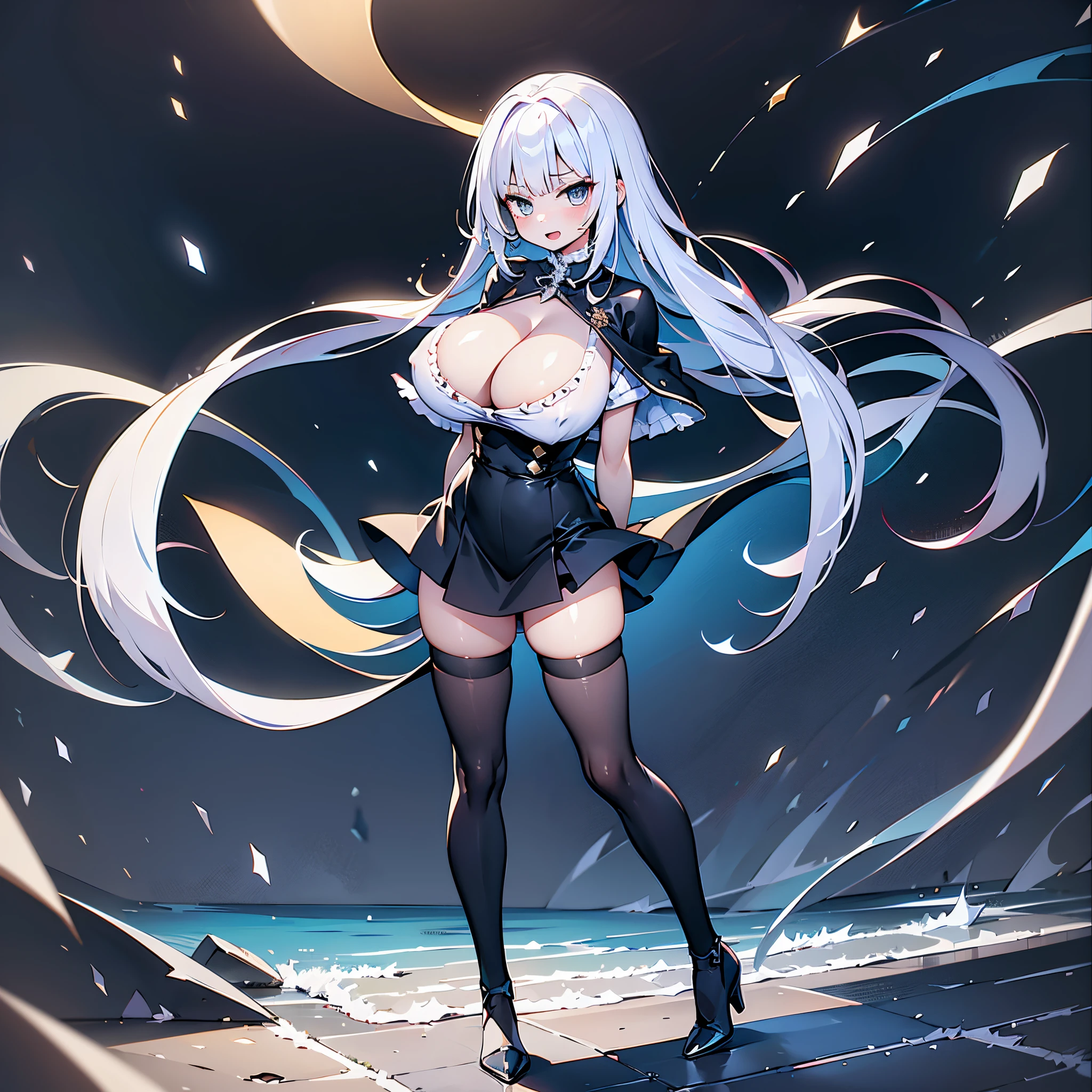 solo 1 (thin :1.3) standing in white magic circles, (standing with the heels together:1.3), (straight back:1.2), (disproportionately gigantic perky breasts:1.4), (show off full cleavage:1.3), (frilled white shirts with open chest wide), shirts with cleavage cutout, BREAK, large eyes, serious face, BREAK, (thin long legs:1.5), (straight legs:1.5), too thin waist, arms behind back, BREAK, (absurdly long white straight hair:1.4), blunt bangs, BREAK, (long black thighhighs:1.5), BREAK, (short black capelet:1.2), (very short black high-waist skirt:1.3) cinches waist tight, (skirt lifted by wind:1.3), (thigh gap:1.2), (excessive pussy juice:1.2), BREAK, looking at viewer, open mouth, full body, floating magic circles, light circles, landscape, broad field