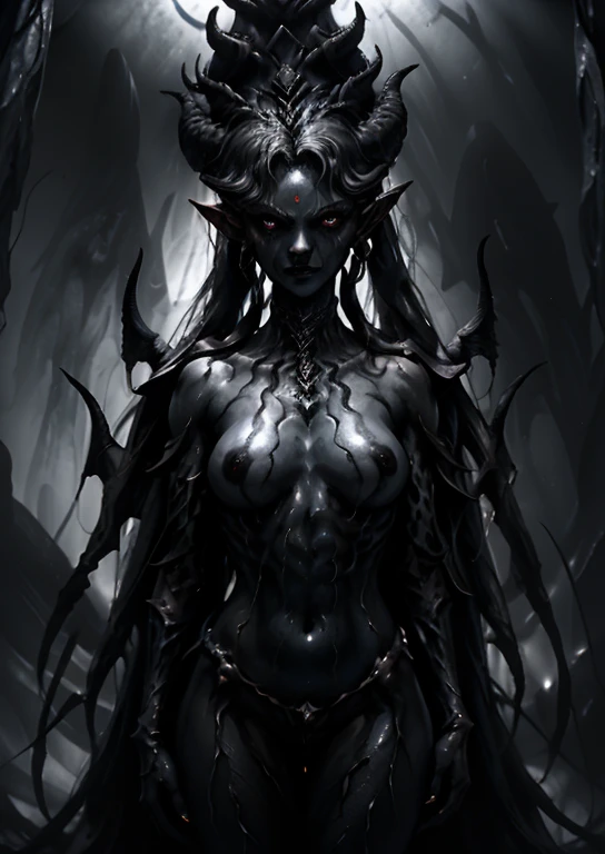 Dark and cold apocalyptic underground shelter,The underworld of the dark forest,Black-skinned elves,Jelly gelatin hollow protective film,Dark Moon Goddess Statue,the angel's wings,platinum ponytail,Masterpiece Sams,Clown makeup,shocked expression,Clear wet shirt,Dark cinematic lights inside the cave,slender posture,Slender marble stripes cover the body,red eyed succubus