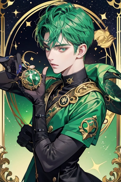 anime style; 3d; glitter; horoscope sign Scorpius diva; color dark green; Scorpion details; ♏ symbol; malachite stone;