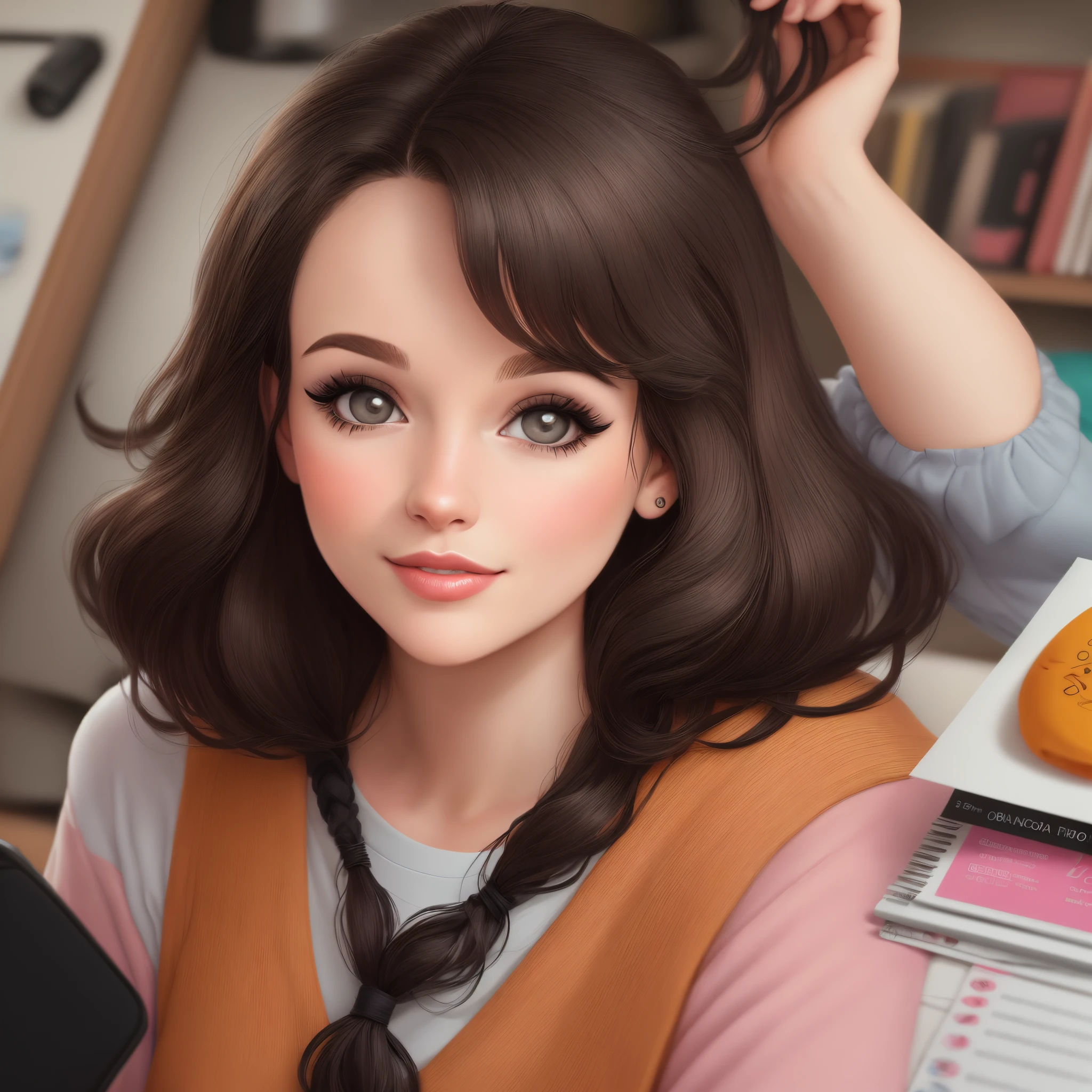 create a 30 year old girl illustration, profession Graphic designer, home office, cor da pele branca, olhos castanhos, cabelo preto cacheado no ombro, magra, trending illustration