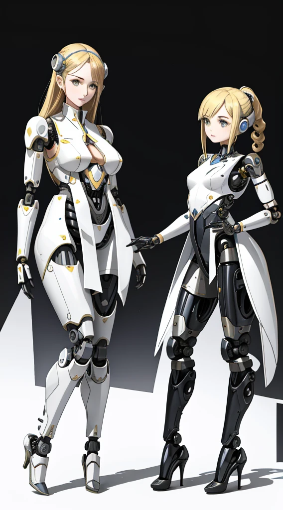 Mother and daughter turned into robots One is middle-aged One is young The head remains human Hair is blonde Fuselage is completely mechanical Similar body Feet shaped like high heels Full-length statues standing side by side