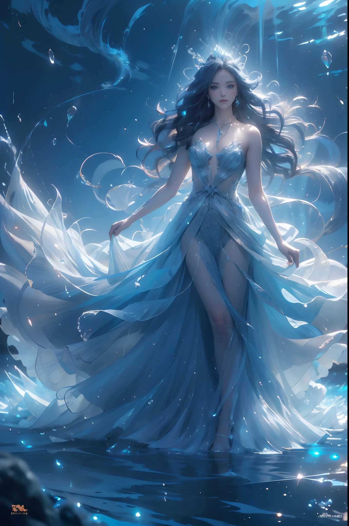 "(master part: 1.2), 8k UHD resolution, water goddess, standing ethereally amidst a vast sparkling ocean. (best quality,4k,8k,Altas,master part:1.2), ultra-detalhado, (Realistic,fotorrealista,photo-realistic:1.37), studio lighting, Physically-based rendering, vivid colors, (olhos azuis brilhantes:1.5),
Sua silhueta se funde com cachoeiras em cascata e riachos fluidos. A dress as translucent as liquid silk adorned with sea and coral jewels. intenso, Bright blue eyes that capture the essence of the ocean, radiating an inner luminescence that beckons to the mysteries of the deep."