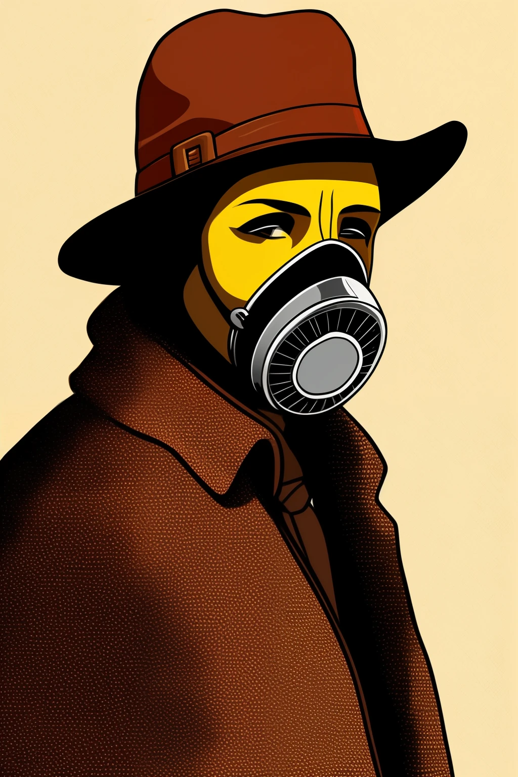 personagem masculino, wearing a Soviet Russian gas mask, with a brown fedora hat, usando um poncho cinza, estilo de desenho animado retrowave