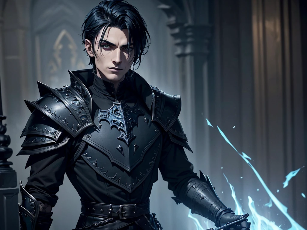 An adult vampire wizard character wearing a very detailed and beautiful gothic armor in black and blue color. His hair cut in a short style, black lip color, cor roxa dos olhos;, manto, capuz, caminhando, 8k, Magnificent, Black and blue gothic armor, capa