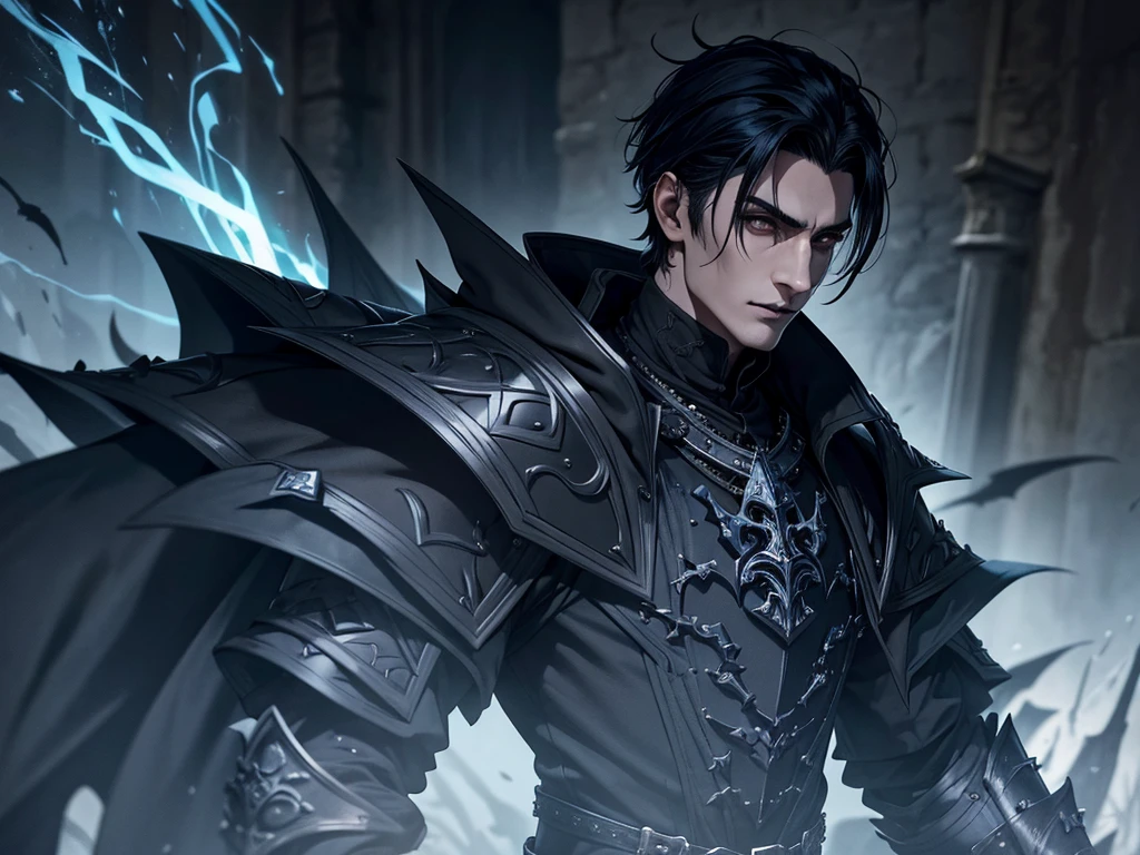 An adult vampire wizard character wearing a very detailed and beautiful gothic armor in black and blue color. His hair cut in a short style, black lip color, cor roxa dos olhos;, manto, capuz, caminhando, 8k, Magnificent, Black and blue gothic armor, capa