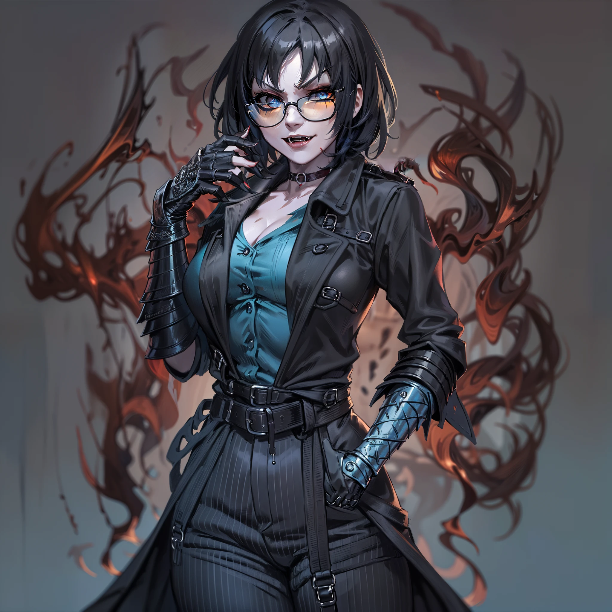 (High resolution, best quality, masterpiece) detail, intricate detail, 1female, ((solo _focused)), single, one woman, physically fit, curvy, pale skin, vampire, fierce expression, dark eyes, (detailed eyes), red_rimmed eyes, sharpened fangs, black hair, short hair, full body, human hands, ((detailed hands)), ((pointed fingers)), medium breast, beautiful, cute, dark aura surrounding her, (topwear:(((shirt:black, trench_coat:black)), handwear:((gauntlets), bottomwear:(pants:blue))))), blood dripping, glasses on the top of her head, dark tinted glasses, grinning, cocky expression, menacing, blood spatter