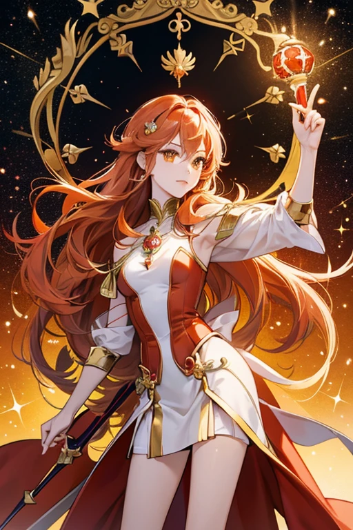 anime style; 3d; glitter; horoscope sign Sagittarius diva; color orange; Archer details; ♐ symbol; padparadscha stone;