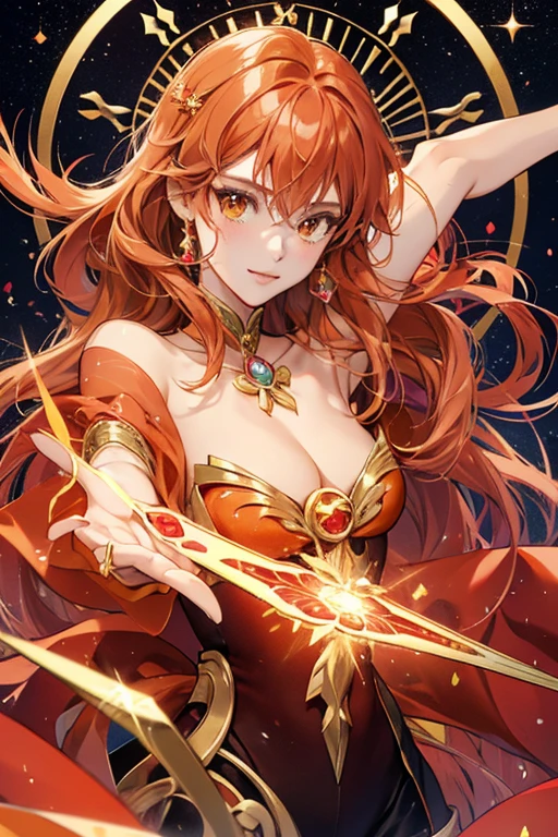 anime style; 3d; glitter; horoscope sign Sagittarius diva; color orange; Archer details; ♐ symbol; padparadscha stone;