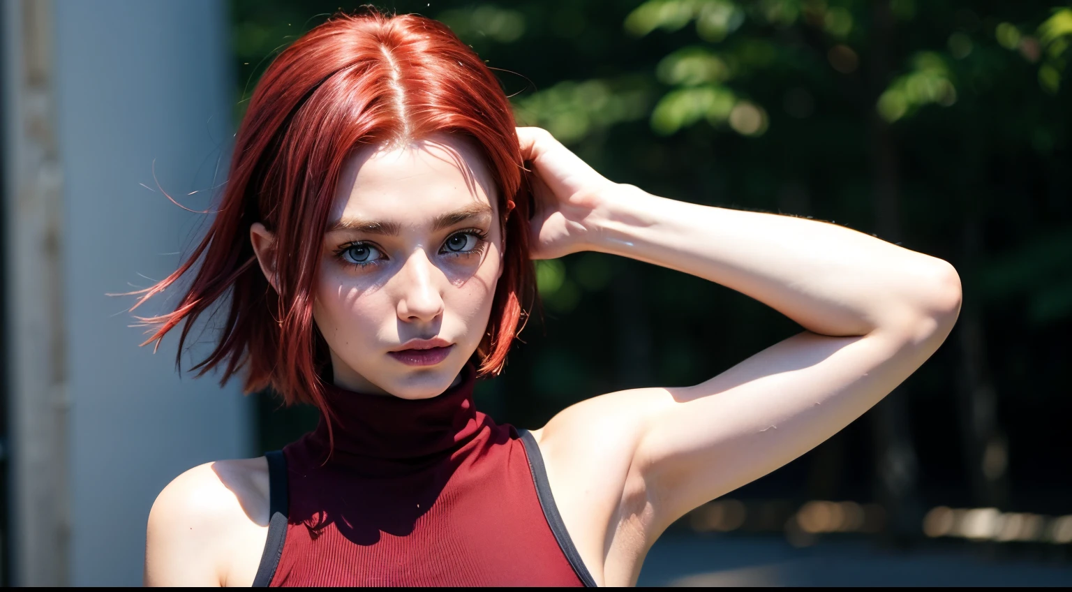 CosmiEyes, British, kallen stadtfeld, blue eyes, headband, ((red hair)), short hair, bandana, sleeveless, sleeveless turtleneck, turtleneck, looking at viewer, ((red headband)), ((red turtleneck)), (medium breast:1.2), outdoors, park, upper body, detailed face, detailed eyes, beauty, extremely beautiful face, short hair, ((blue eyes))