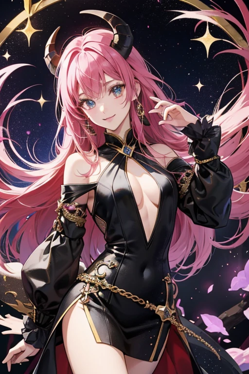anime style; 3d; glitter; horoscope sign Capricornus diva; color black; Goat details; ♑ symbol; onyx stone;