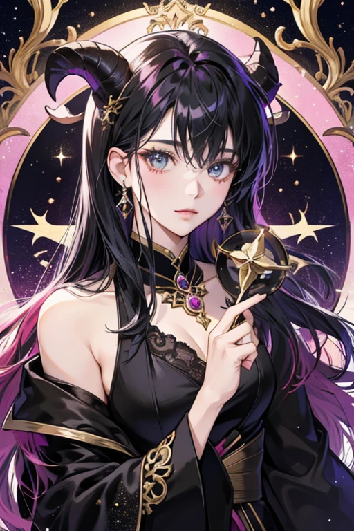 anime style; 3d; glitter; horoscope sign Capricornus diva; color black; Goat details; ♑ symbol; onyx stone;