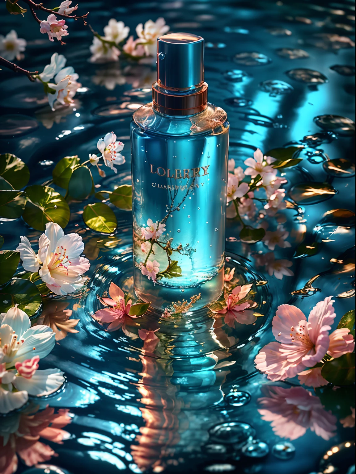 (best quality, 4k, 8k, high resolution, masterpiece), ultra-detailed, photorealistic, blender, ((makeup bottle)), cherry blossom wrapped around, blue sky background, water, sunlight, low perspective, product rendering