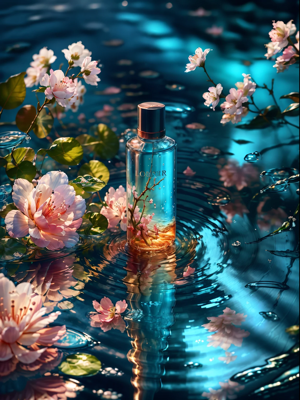 (best quality, 4k, 8k, high resolution, masterpiece), ultra-detailed, photorealistic, blender, ((makeup bottle)), cherry blossom wrapped around, blue sky background, water, sunlight, low perspective, product rendering