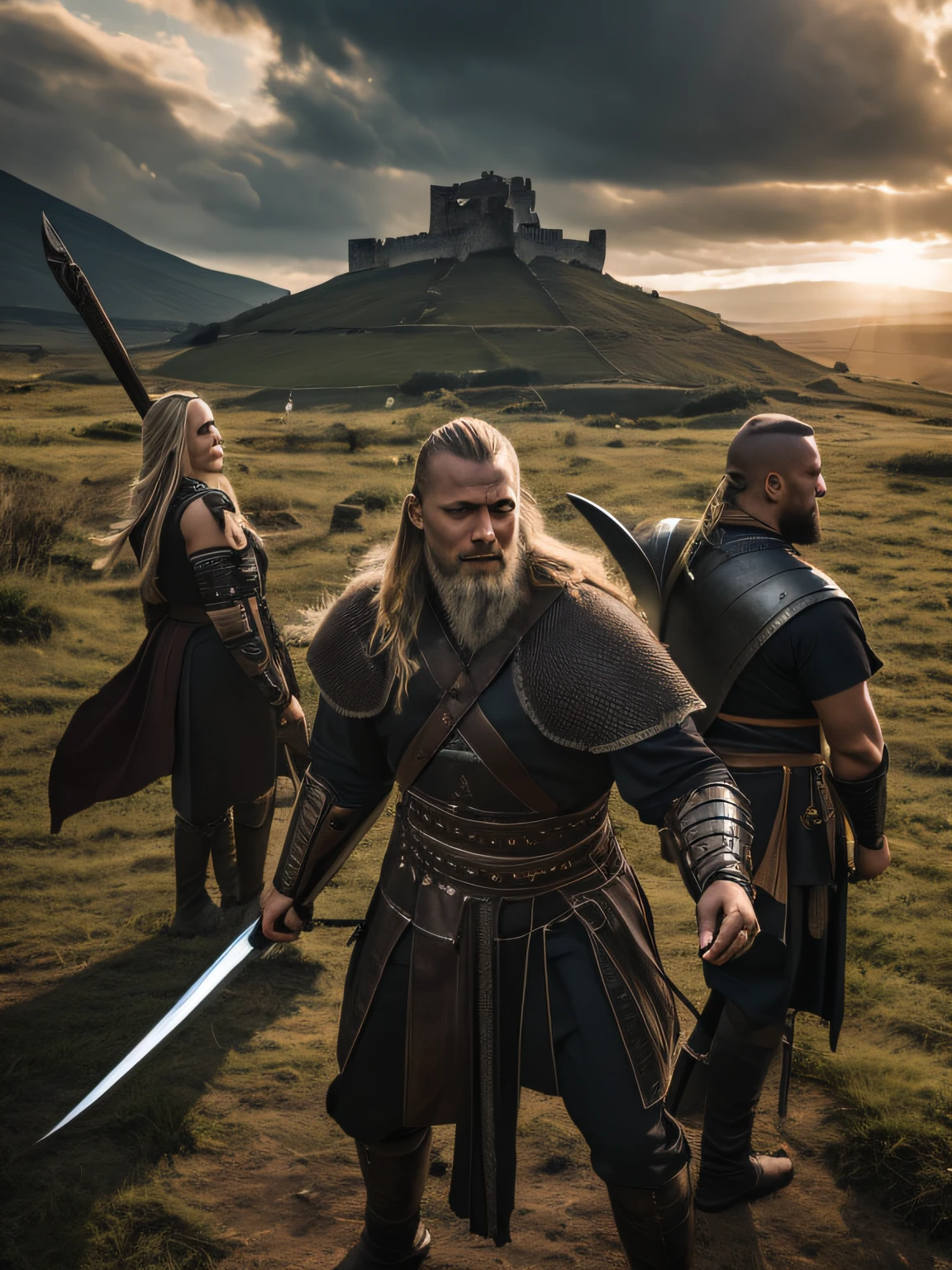 title: Illustration of Ragnar Lothbrok and the Trapalhões in the Invasion of France Description: Create a battle scene with Ragnar Lothbrok from the VIKINGS series, leading an attack during a midday invasion of France in strong sunlight. Next to him are the Trapalhões (Didi, Dedé, Mussum, e Zacarias), todos armados com armas medievais.

Ambiente:

The environment is a medieval battlefield with hills in the background and an open field.
Sunlight is intense, casting defined shadows and highlighting details.
Smoke and signs of destruction all around, indicating an ongoing battle.
The sky must reflect the heat of the moment but with a touch of natural beauty.
Caracteres:

Ragnar Lothbrok deve estar no perfil, showing his characteristic confident expression, traje Viking, e segurando uma arma medieval proeminente.
Os malandros (Didi, Dedé, Mussum, e Zacarias) are in Ragnar&#39;lado, each wielding their own medieval weapon, maintaining their distinct visual identities and comedic expressions.
Detalhes importantes:

Certifique-se de capturar cada personagem&#39;emotions and facial expressions.
Destaque o armamento medieval, como espadas, Escudos, Eixos, Spears, entre outros.
As cenas circundantes devem transmitir o tumulto da batalha e seus efeitos.
Artistic style:

Use the Illustration V2 style to create the image.
A paleta de cores deve refletir a intensidade da batalha e a forte luz solar.
Realistic details are important to capture the essence of the characters and setting.
references:

Ragnar Lothbrok from the series "VIQUINGUES."
Imagens de batalhas medievais para capturar a atmosfera.
Photos of Trapalhões for visual reference of the characters.
Notas Finais:

The quality of details and fidelity to the characters are crucial to conveying the emotion of the scene.
Make sure your image composition highlights key elements: Ragnar, Os malandros, o ambiente do campo de batalha, a intensidade da luz solar.