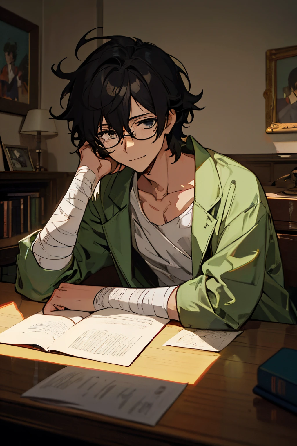 Male character, solo, black hair, adult, professor, scientist, so messy hair, messy, short hair, sleepy, silver eyes, glasses, black eye, light eyes, long jacket, elegant clothes, clumsy, cool, positive, tired, ikemen, handsome, aesthetic, illustration, anime artstyle, masterpiece, best quality, comfy personality, bandages on his body, scars, detailed, 1man, professional artwork, digital art, smile, sad smile, chill, basic expression, adult, irresistible, gorgeous, looking you, pure art, situational scene, scenario, cozy old room background, 4k, hd, lovely eyes, hopeful, half blind