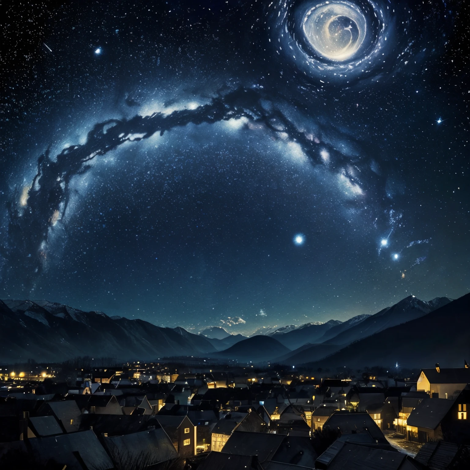 Starry night, spiral 🌀 galaxies, galaxy, moon, stars, villages, in the style of Vincent Van Gogh