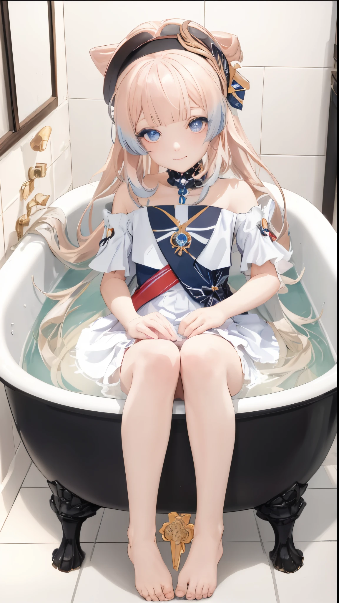 tmasterpiece，with a pure white background，8K art photography, realism concept art, Soft, Natural volume cinematic perfect light, epic, Popular topics on artstationh, a vibrant one, production cinematic character render, super high-quality model, lightand shade contrast，Anime girl sitting cross-legged in the bathtub，Bareleged，Bigchest，Bareleged，The barefoot，Hand detail， five finger，perfect  eyes，eyes are very detailed，with a round face,  up of young anime girl, anime vibes