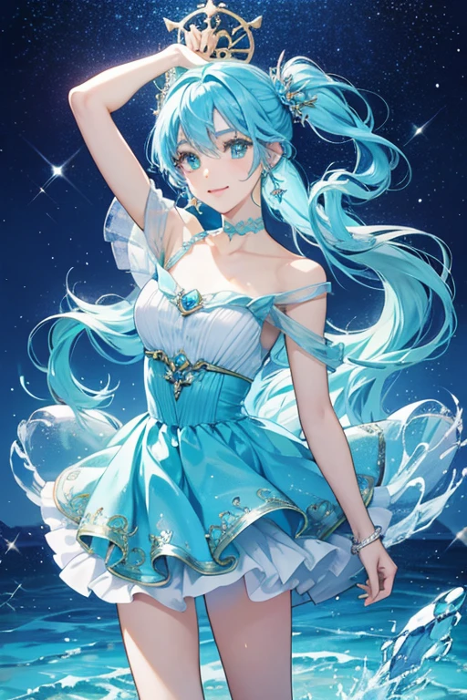 anime style; 3d; glitter; horoscope sign Aquarius diva; color ligh blue; Water Bearer details; ♒ symbol; aquamarine stone;
