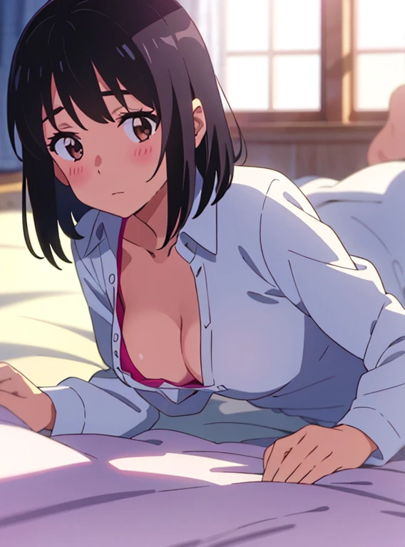 shinkai makoto, kimi no na wa., 1girl, bangs, bed sheet, black hair, blush, breasts, medium breast, brown eyes, collarbone, red bow, white long sleeve with button, short hair, solo, upper body, cowboy shot, lying, medium breasts, collared shirt, open shirt, solo, bedroom, pov