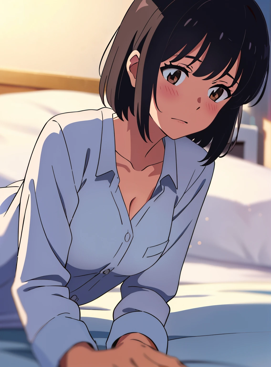 masterpiece:1.6, best quality), finely detailed beautiful eyes: 1.2), colorful, shinkai makoto, kimi no na wa., 1boy, buzzcut, muscular, brown eyes, school uniform, boy caressing girl's body, breast groping, breast grope, hold breast,1girl, bangs, black hair, small ponytail with red ribbon, short hair, blush, brown eyes, collared shirt, long sleeve white shirt buttons, unbuttoned shirt, open shirt, medium breast, nipples, pink nipples, short skirt, indoors, sit, sitting on bed , bed,bedroom, lamp, cowboy shot, face to face