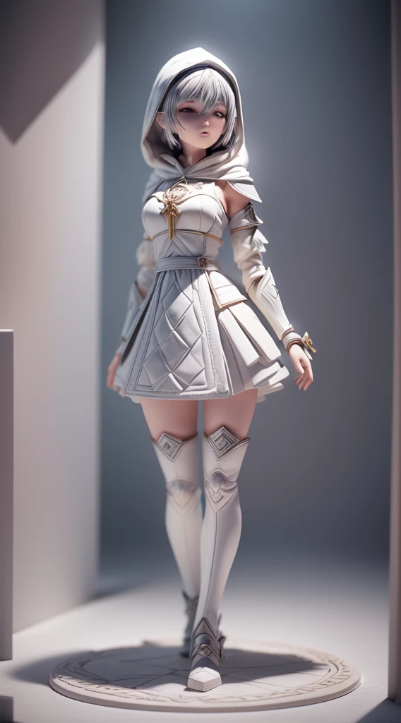 (Blind box toy style:1.3),((Full body shot)) , (1 female mage)(((solo))) cloth armor，Cloth hood，(Clay Style:1.3), dreamy glow, Clean background,white and silver style，(circular base）( Global illumination, Ray tracing, hdr, unreal render,reasonable design, high detail, Masterpiece, Best quality, hyper HD, Cinematic lighting)