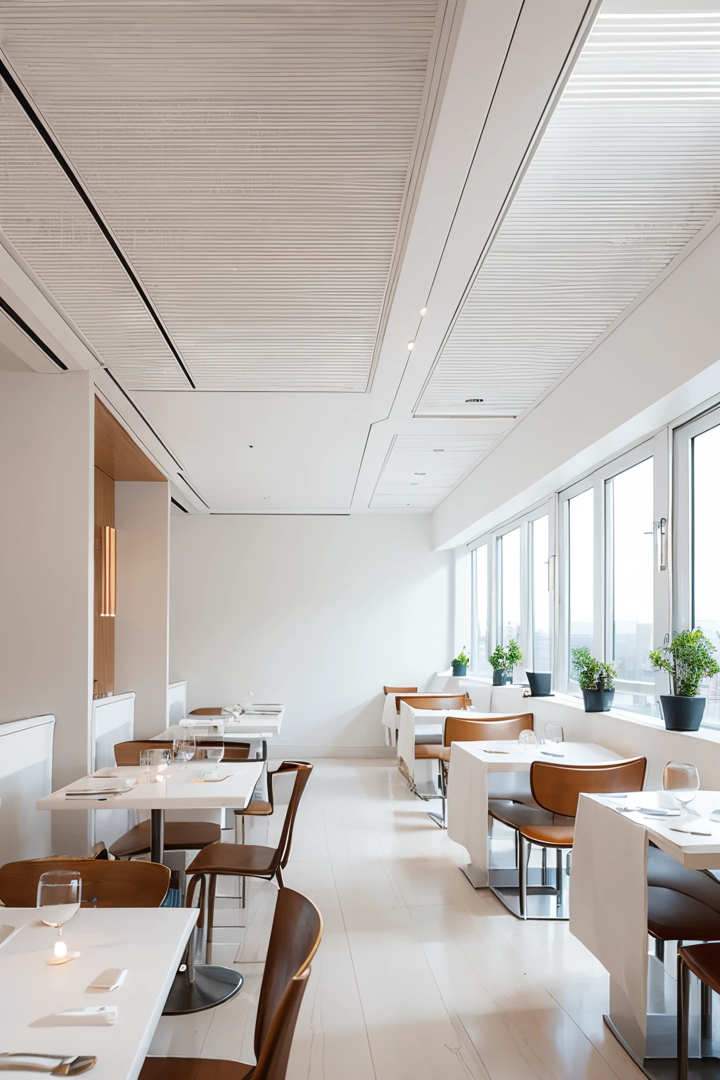 White lights and white walls,Irregular ceiling and irregular space structure,Add cylindrical wall studs,Plus exquisite accessories,Romantic restaurant,Plus plenty of space,Coupled with the exquisite and unique architectural appearance