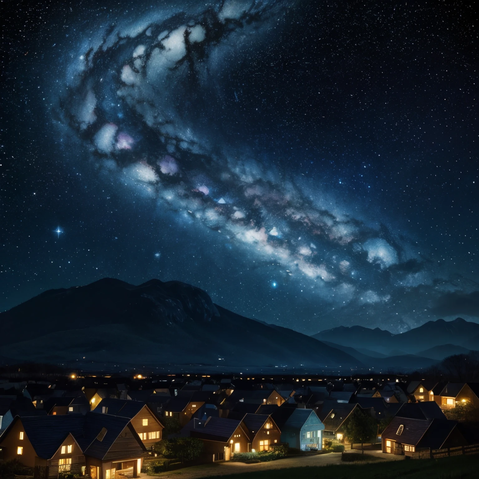 Starry night, spiral 🌀 galaxies, galaxy, moon, stars, villages, in the style of Vincent Van Gogh