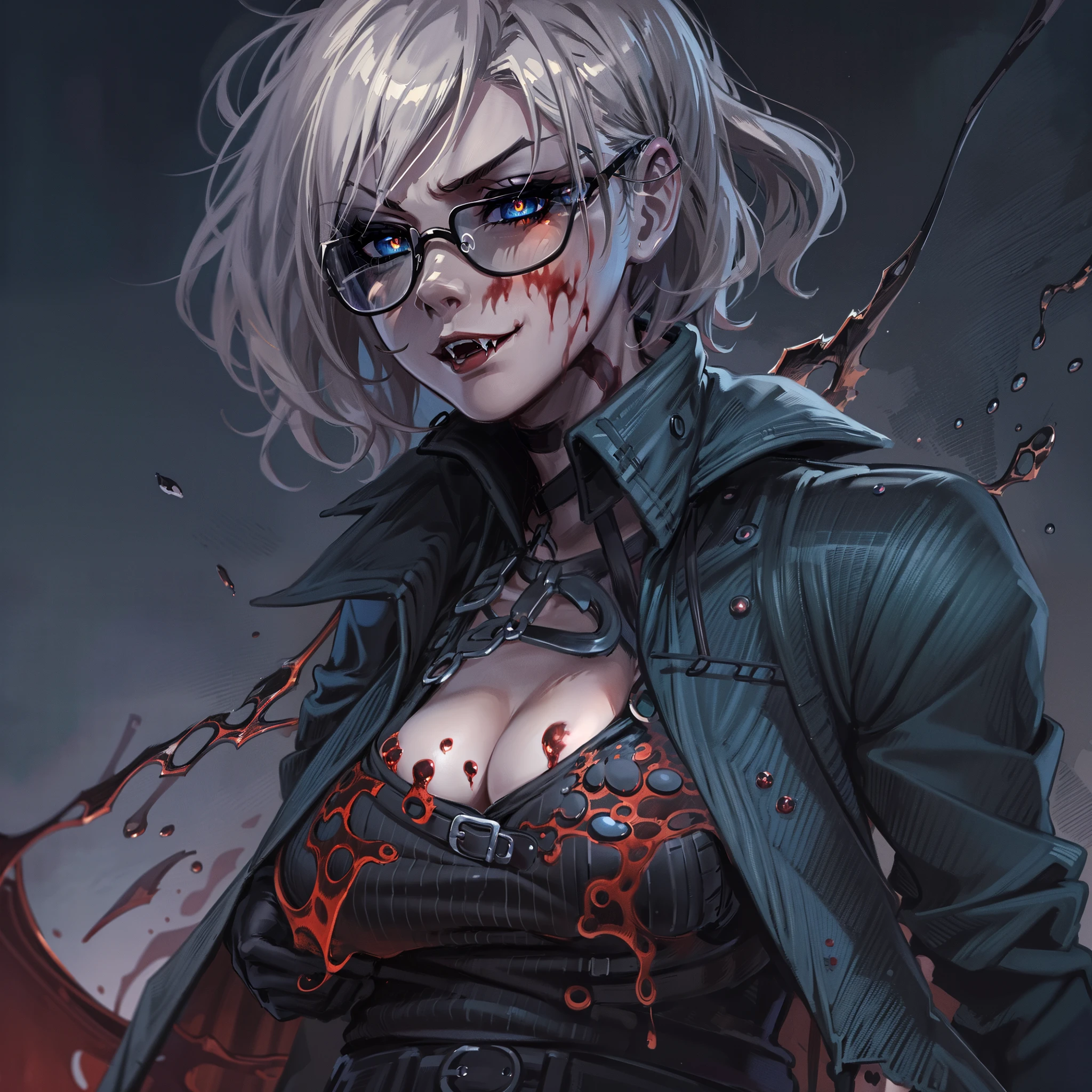 (High resolution, best quality, masterpiece) detail, intricate detail, 1female, ((solo _focused)), single, one woman, physically fit, curvy, pale skin, vampire, fierce expression, dark eyes, (detailed eyes), red_rimmed eyes, sharpened fangs, black hair, short hair, full body, human hands, ((detailed hands)), ((pointed fingers)), medium breast, beautiful, cute, dark aura surrounding her, (topwear:(((shirt:black, trench_coat:black)), handwear:((gauntlets), bottomwear:(pants:blue))))), blood dripping, glasses on the top of her head, dark tinted glasses, grinning, cocky expression, menacing, blood spatter