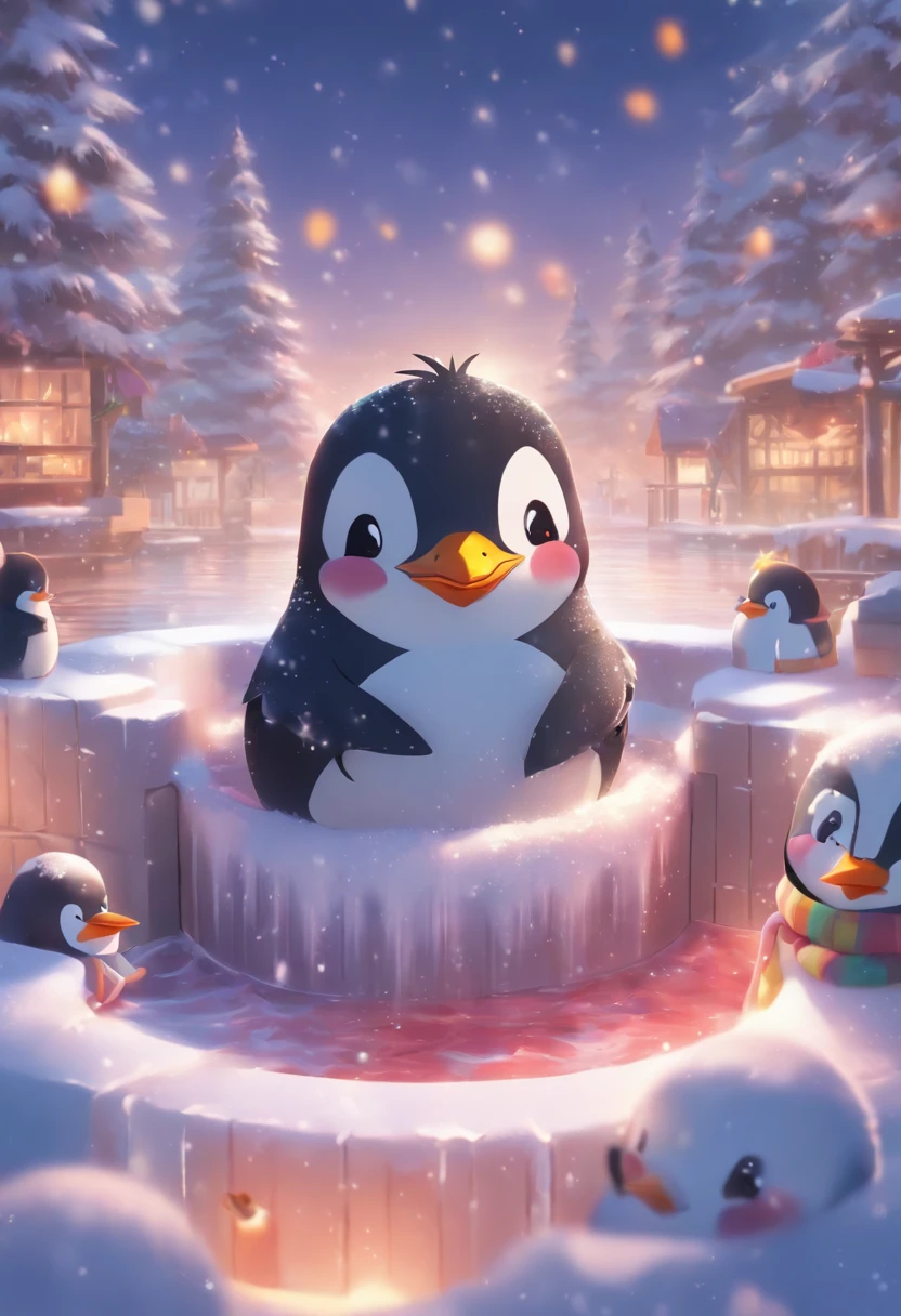 Chibi Penguin　Heartwarming　Soak shoulder-deep in an open-air bath　Enter　Snow around
