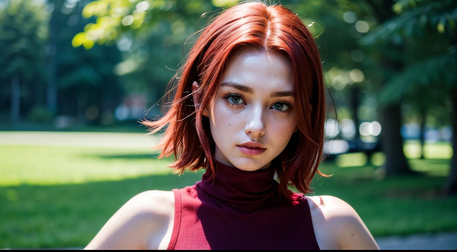 CosmiEyes, British, kallen stadtfeld, blue eyes, headband, ((red hair)), short hair, bandana, sleeveless, sleeveless turtleneck, turtleneck, looking at viewer, ((red headband)), ((red turtleneck)), (medium breast:1.2), outdoors, park, upper body, detailed face, detailed eyes, beauty, extremely beautiful face, short hair, ((blue eyes))