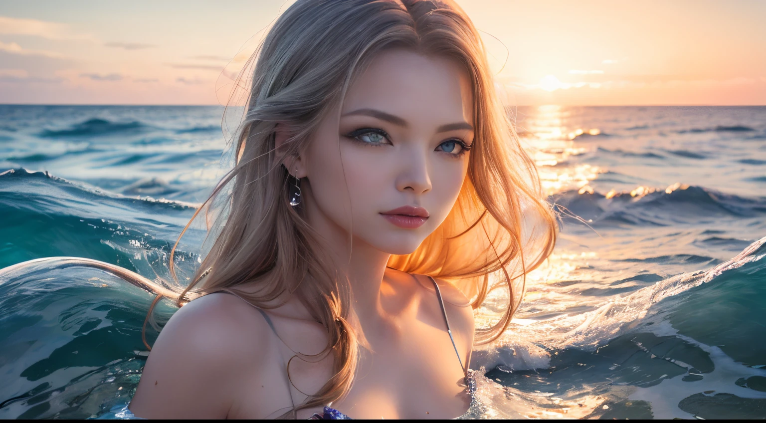 Blonde with a braided top of her head and loose waves, Light pink lipstick stain, Moonlit lake with silhouette, lurking just beneath the surface, ((Best Quality)), ((Masterpiece)), ((Realistic)), (Detailed), (photo), Movie poster, hiquality, 4k, 8K, UHD, (sharp-focus), Author: Artgerm