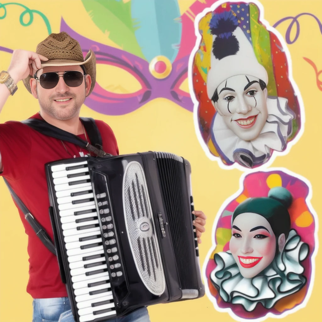 man with cowboy hat and sunglasses holding an accordion, at carnival with a pierrot and a colombina, imagem de alta qualidade