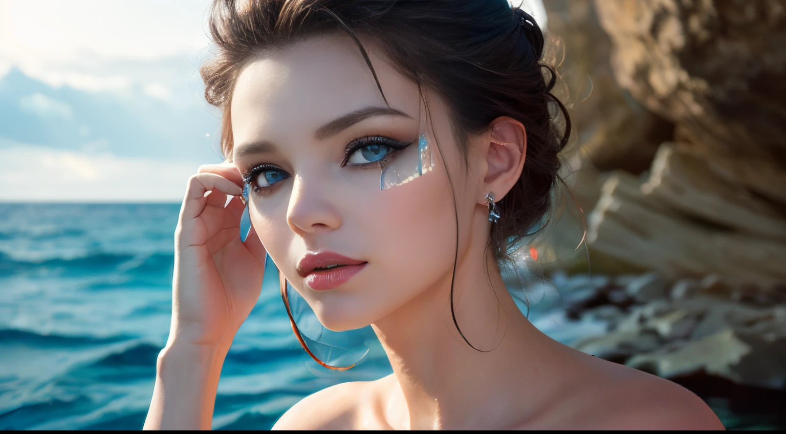"(master part: 1.2), 8k UHD resolution, water goddess, standing ethereally amidst a vast sparkling ocean. (melhor qualidade,4k,8k,Altas,master part:1.2), ultra-detalhado, (Realistic,fotorrealista,photo-realistic:1.37), studio lighting, Physically-based rendering, vivid colors, (olhos azuis brilhantes:1.5), Sua silhueta se funde com cachoeiras em cascata e riachos fluidos. A dress as translucent as liquid silk adorned with sea and coral jewels. intenso, Bright blue eyes that capture the essence of the ocean, radiating an inner luminescence that beckons to the mysteries of the deep."