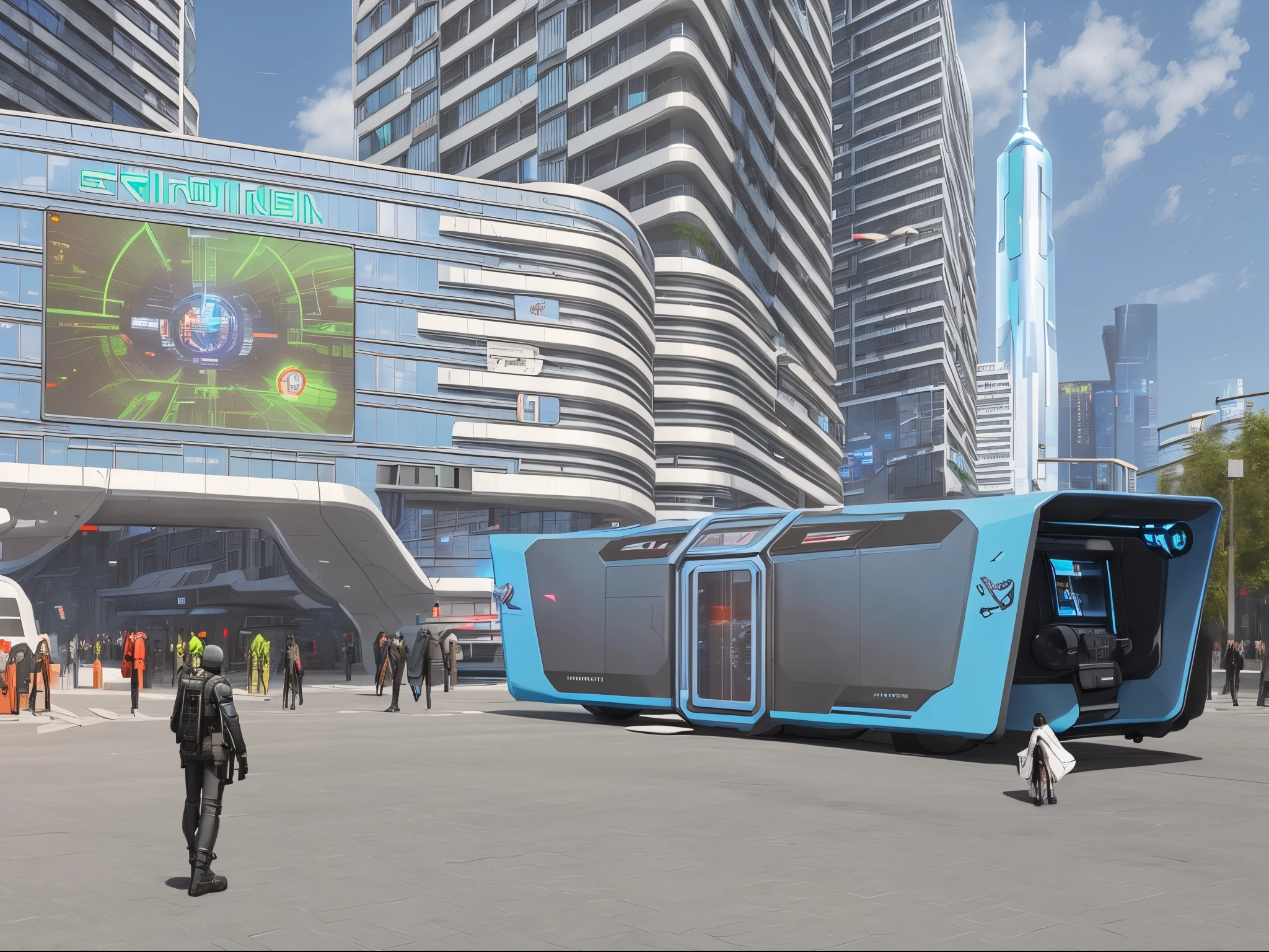 Cool spaceship on a city street in front of a tall building, People gather in front of vehicles, People gather,A group of people waiting to board a spaceship,Future city streets, futuristic street, A futuristic. GameCG, In the cyberpunk city, Surreal cyberpunk city, In a futuristic cyberpunk city, in a future city, Sci-fi cyberpunk city streets, Future cyberpunk scene, Russian city of the future, futuristic setting