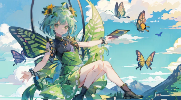 ((On a table, Best quality at best: 1.1), ((Anime girl in green skirt)), in an art nouveau style、goblin girl, Shown in, ((Aqua hair))、Short hair details、((Jewel-like eyes and long transparent eyelashes))、Very beautiful girl, Anime manga girl, {{bare-legged}}, Inspired by Reiko Ikemura, Aya Takano color style, Dragon Queen'art-style, butterflys, Ambitious character, Guang Huili、with smile,Flying action in the sky,feelers,wings,butterfly wings,short- sleeved,short skirt,k hd,sun flower background,with blue sky and white clouds,forest backgrou,Huge sunflower foreground,sitting on a swing,Bareleged,Flying butterflies,fresh flowers,moutains