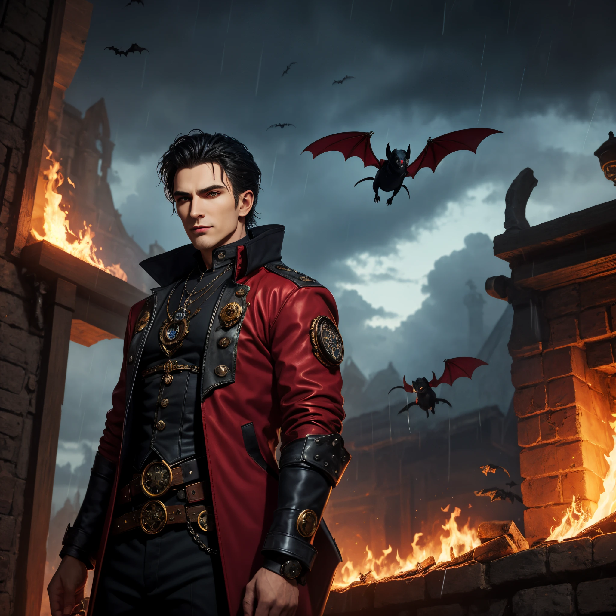 Gothic Steampunk room, male Vampire Artificer, Bats in sky, male Vampire in a Red and Black jacket, Rain in sky, Fire in eyes