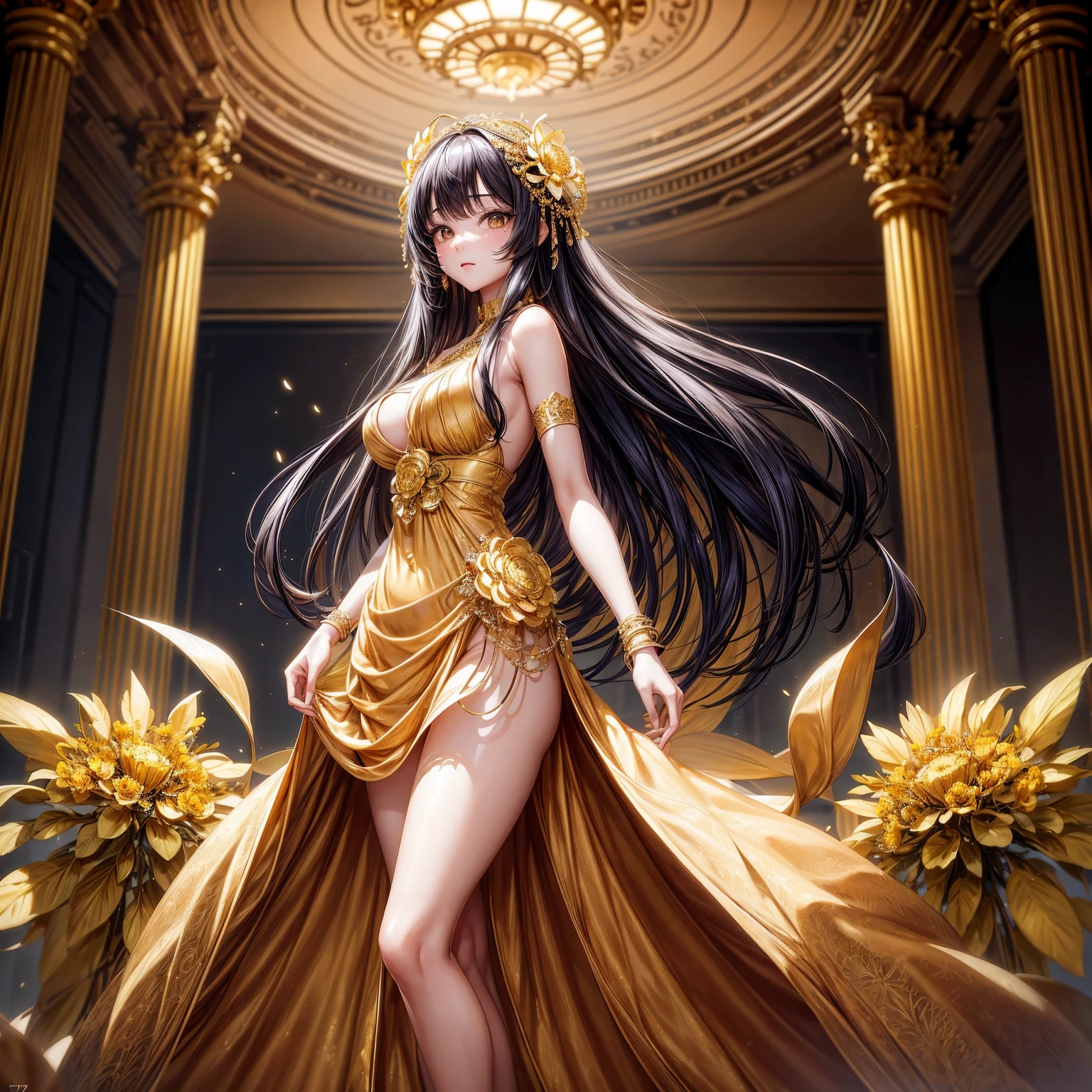 woman, asian, pretty face, gorgeous, long hair, wearing neck choker and mega size golden flower dress, lying on back against full of golden flower in old luxury floor, (golden flower:1.2), Nikon d7500, 100mm, portrait, blurry background, blurry foreground,