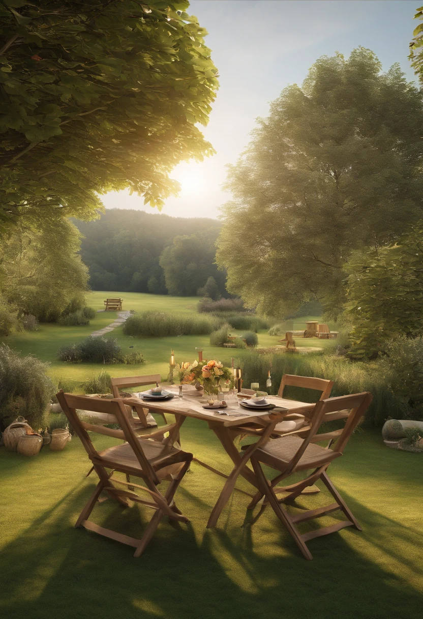 Auf einer weiten Wiese,no trees,Setting up garden furniture,There are tables and chairs,There are hanging chairs,Campingzelte,Great scene with natural light during the day,Hyperrealistisches digitales 3D-Rendering