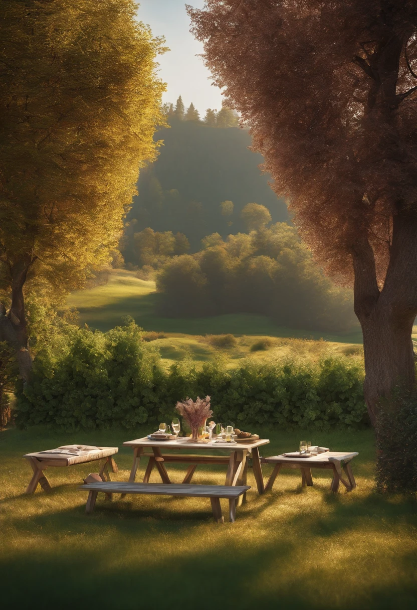 Auf einer weiten Wiese,no trees,Setting up garden furniture,There are tables and chairs,There are hanging chairs,Campingzelte,Great scene with natural light during the day,Hyperrealistisches digitales 3D-Rendering