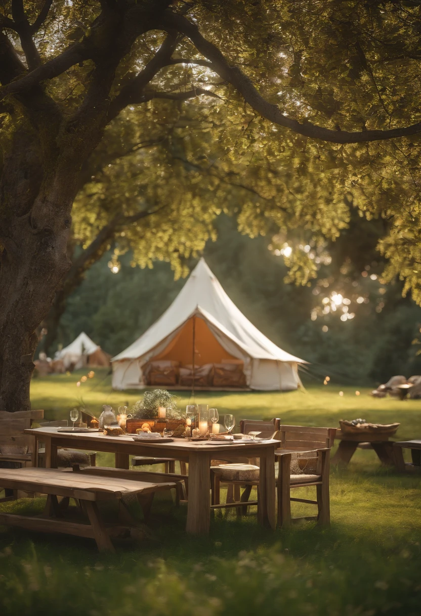 Auf einer weiten Wiese,no trees,Setting up garden furniture,There are tables and chairs,There are hanging chairs,Campingzelte,Great scene with natural light during the day,Hyperrealistisches digitales 3D-Rendering