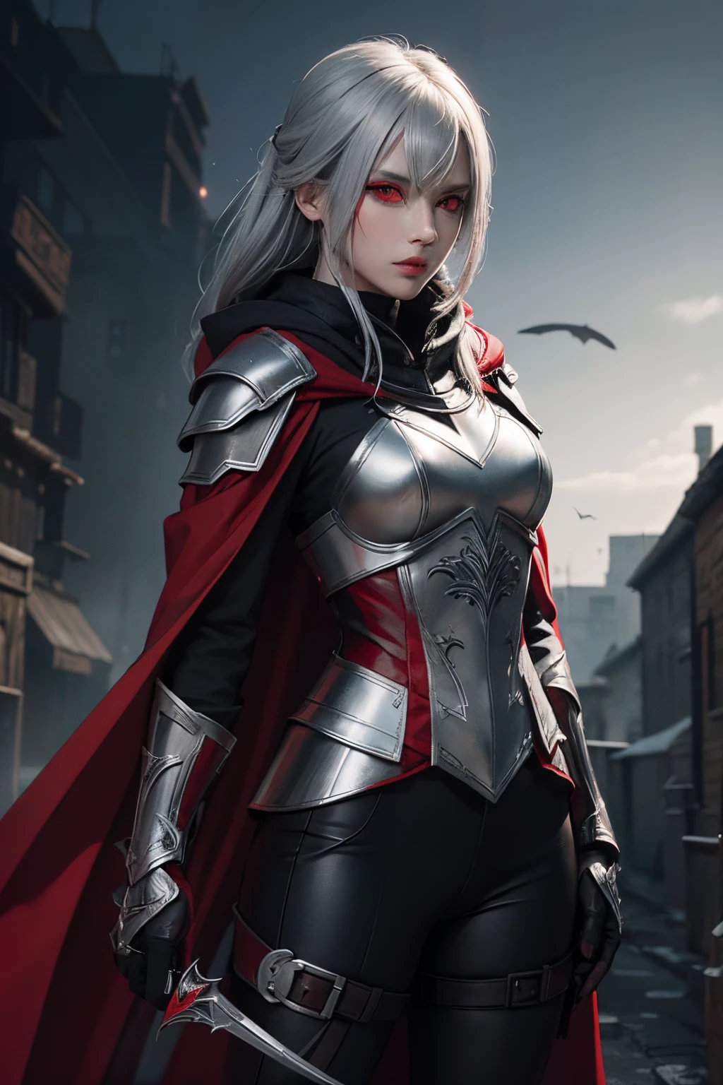 Assassin,silver and black and red helmet close face,red eye,black costume,silver armor,red short cloak,red and silver glove