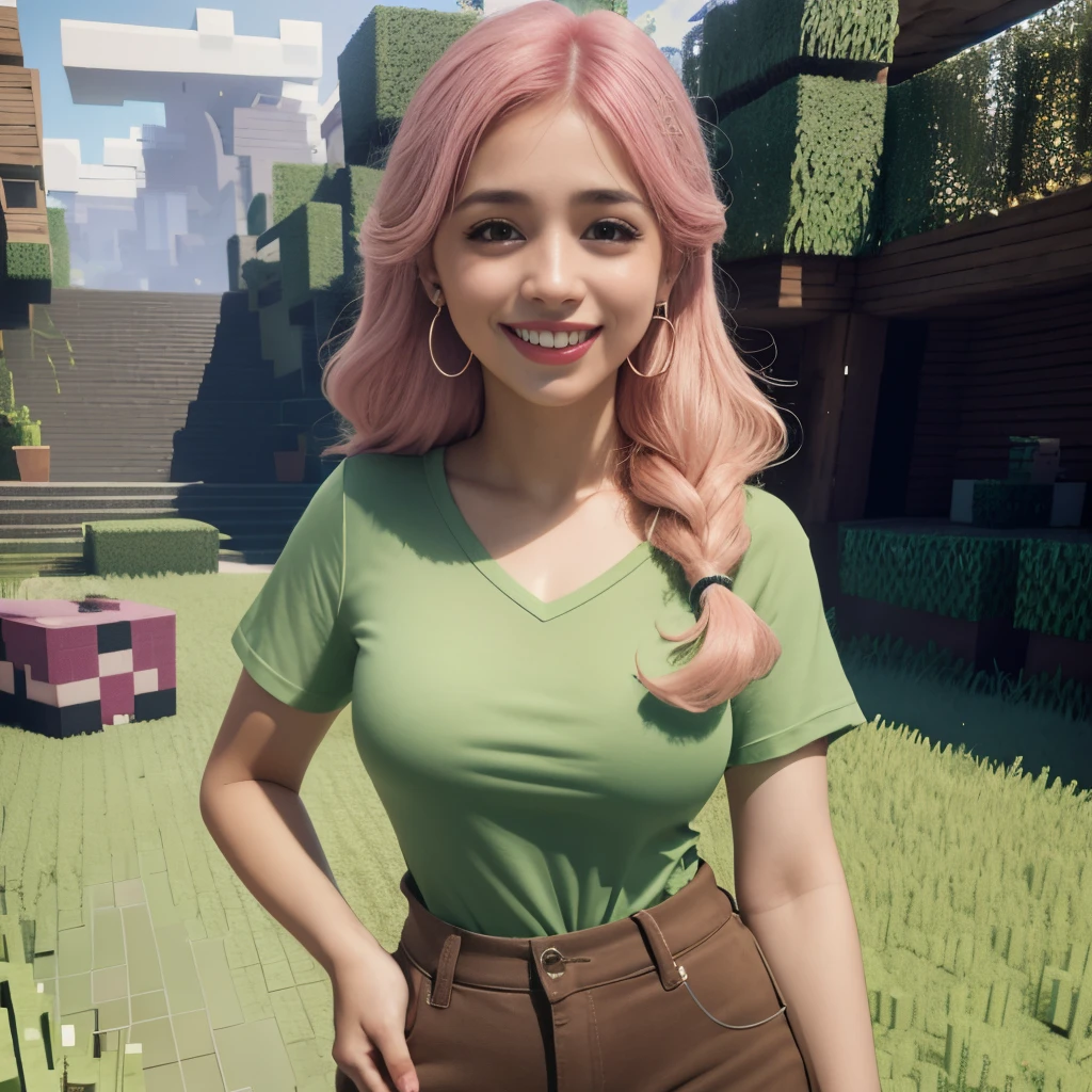 1chica latina blanca cabello largo rosa, Minecraft, Camisa verde, pantalones marrones, Botas grises, cuerpo completo, sentada, adulto, pechos enormes, afuera, sonriente, cabello rosa, cabello largo y ondulado color rosa
