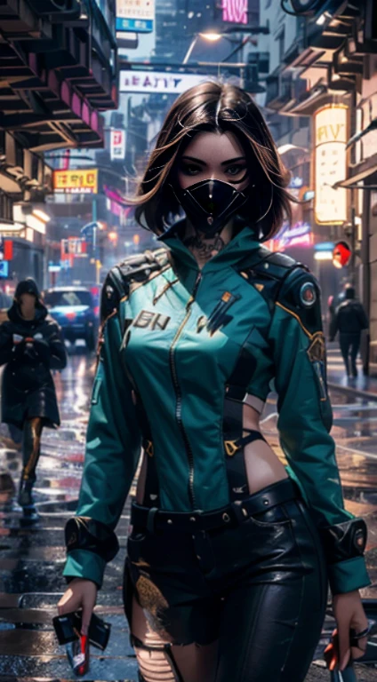 Obra maestra, Max Quality, ultrahigh resolution, 8k, a  girl,belleza,21 years,piel clara, extremadamente hermoso,Mirada fuerte, solo,Retrato de busto,Traje cyberpunk, Cara extremadamente detallada, ojos detallados, sonrisa traviesa, alegre, foto realista, totalmente realista, Pelle humano, Studio lighting,Golden ratio body, caderas anchas,Piernas perfectas, grande,cabello rosado,flequillo contundente,Ropa azul y blanca,Senos de copa D,En la ciudad cyberpunk,Antecedentes de la ciudad cyberpunk,((Noche)),lluvia,Tatuajes,Postura de combate,ciborg,mechanical mask