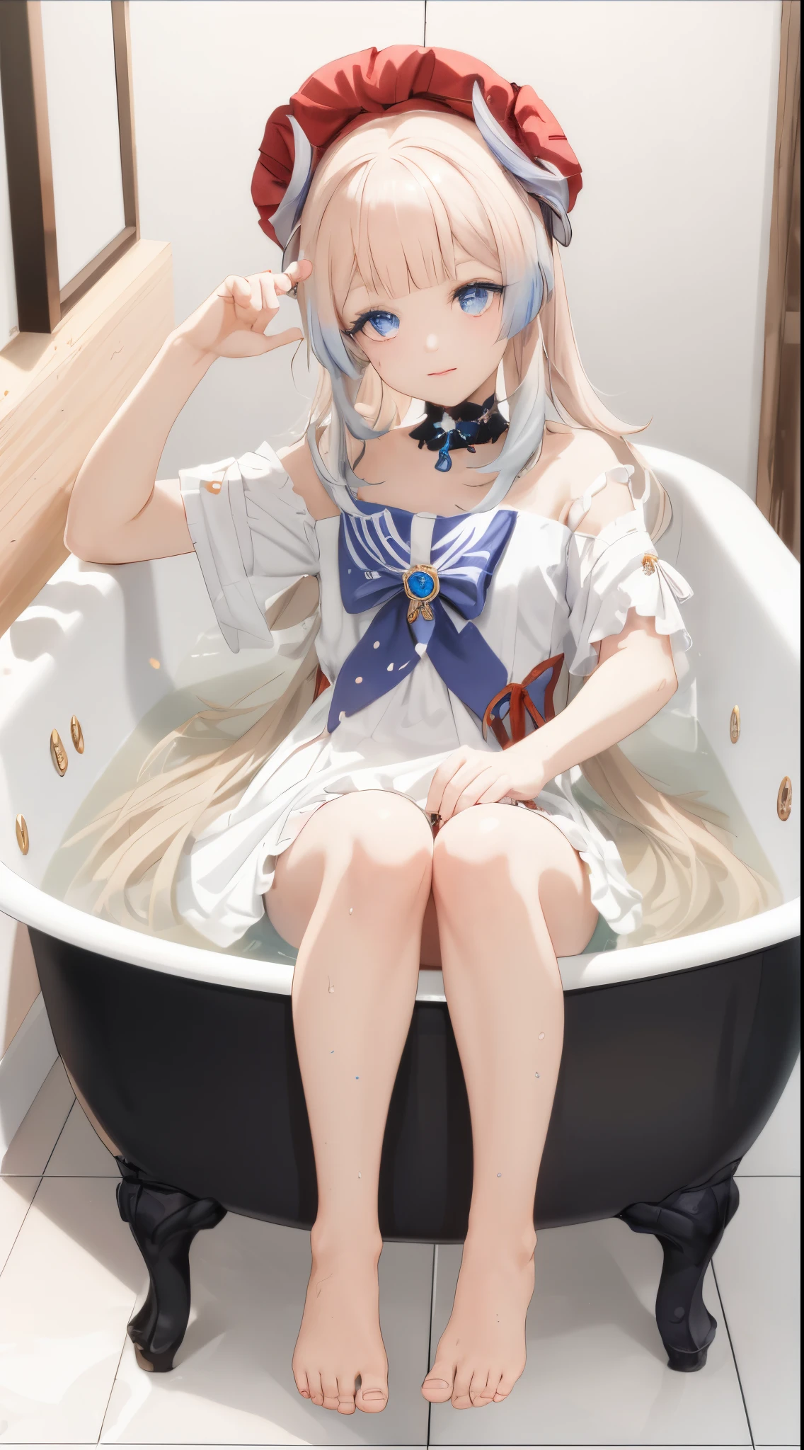 tmasterpiece,with a pure white background,8K art photography, realism concept art, Soft, Natural volume cinematic perfect light, epic, Popular topics on artstationh, a vibrant one, production cinematic character render, super high-quality model, lightand shade contrast,Anime girl sitting cross-legged in the bathtub,Bareleged,Bigchest,Bareleged,The barefoot,Hand detail, five finger,perfect eyes,eyes are very detailed,with a round face, up of young anime girl, anime vibes