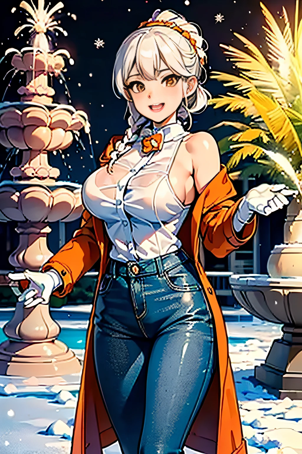 (3D Animation:1.3),(Realistic raw photos),(((In front of the fountain in the snowy park:1.3))),cute and beautiful adult woman,Cute round face,Cute smile,(((orange short duffel coat:1.3))),(white off-shoulder sweater),Jeans pants,Knitted hats,muffler,gloves,long boots,(silver white hair,Floral braided headband,half up、Floral Braided Space Van,Voluminous Fishtail Braids,Twisted chignon,),(Bangs are see-through bangs),(((Emphasize large breasts:1.3))),breast slip,detailed clothes features,Detailed hair features,detailed facial features,(Dynamic angles),(Dynamic and sexy poses),profetional lighting,Cinematic Light,(masutepiece,top-quality,Ultra-high resolution output image,) ,(The 8k quality,),(Sea Art 2 Mode:1.3),(Image Mode Ultra HD,)